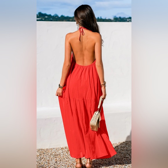 Cupshe x Kelsey Anderson Hello Sunshine Red Halter Maxi Dress Size Large NWT - Picture 4 of 14